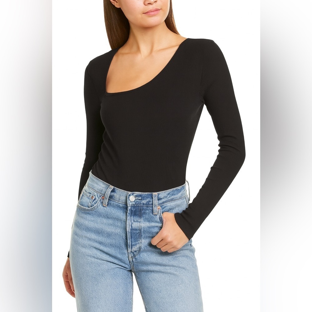 Avec Les Filles Black Ribbed Long Sleeve Bodysuit Asymmetric Neckline Medium NWT